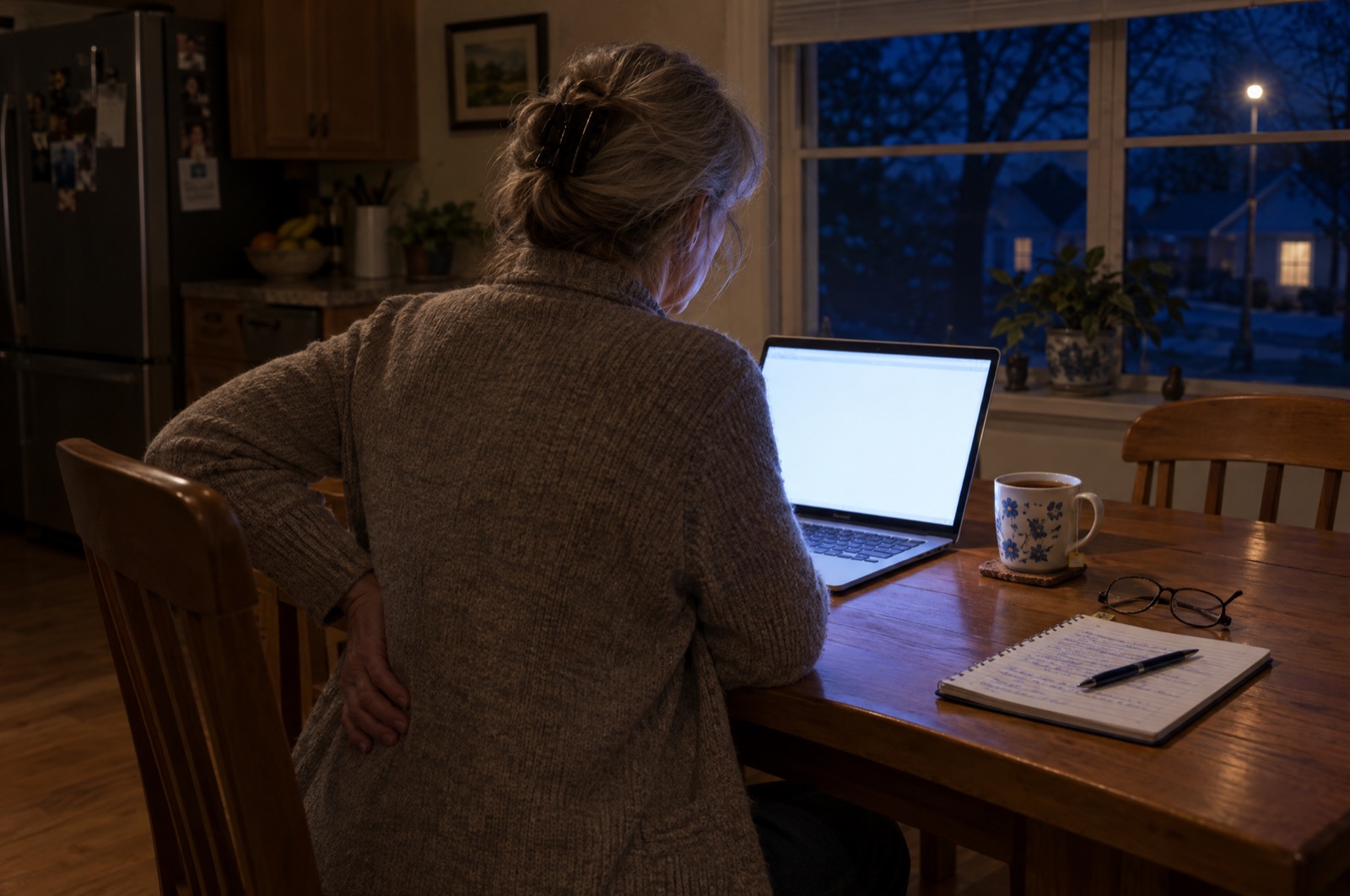 A laptop glowing on a kitchen table at night beside a mug and reading glasses