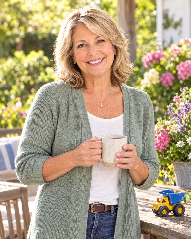 Linda smiling on her garden patio with a coffee